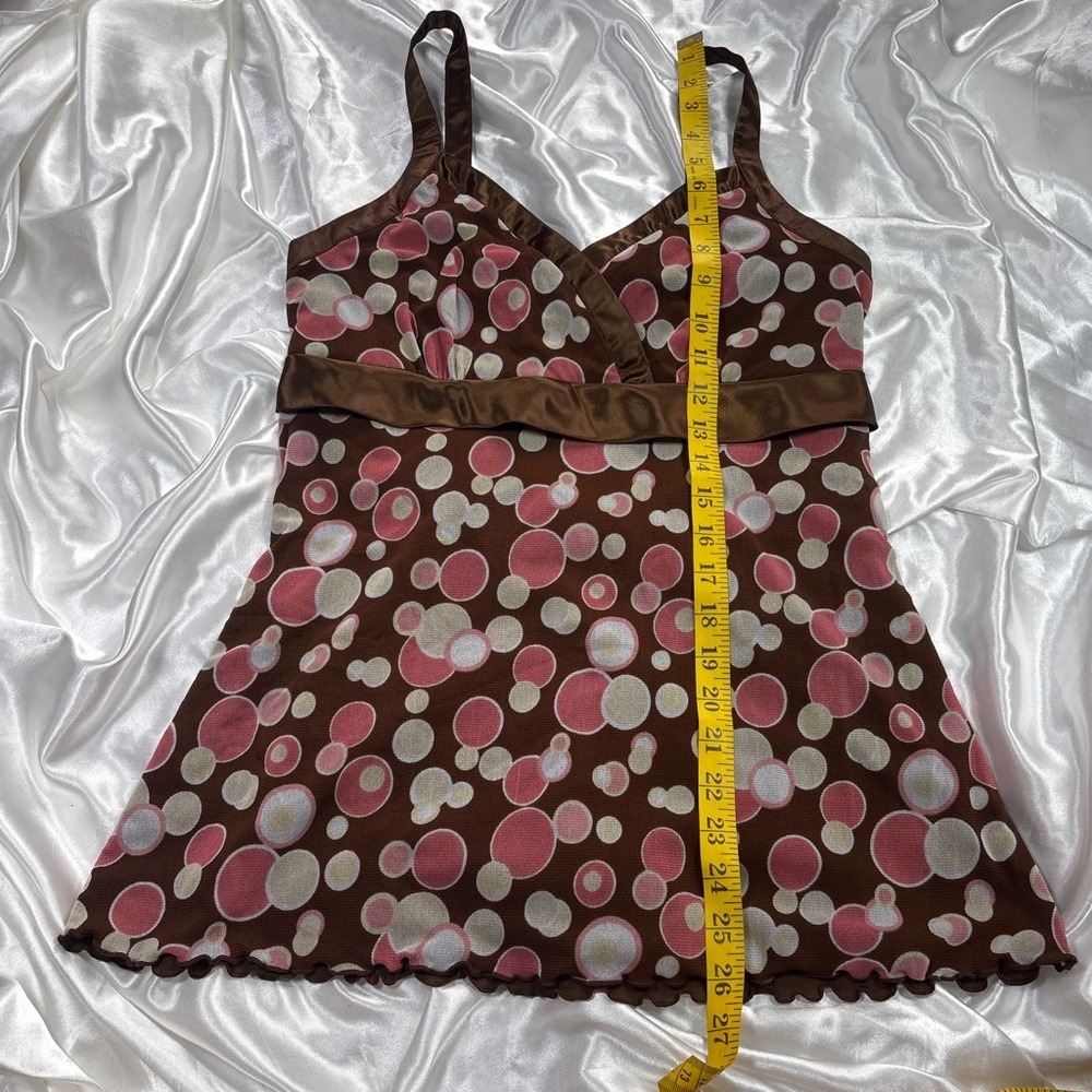 y2k Babydoll Camisole Brown Pink Polka Dot Mesh Satin Trim INC Top - Picture 6 of 6